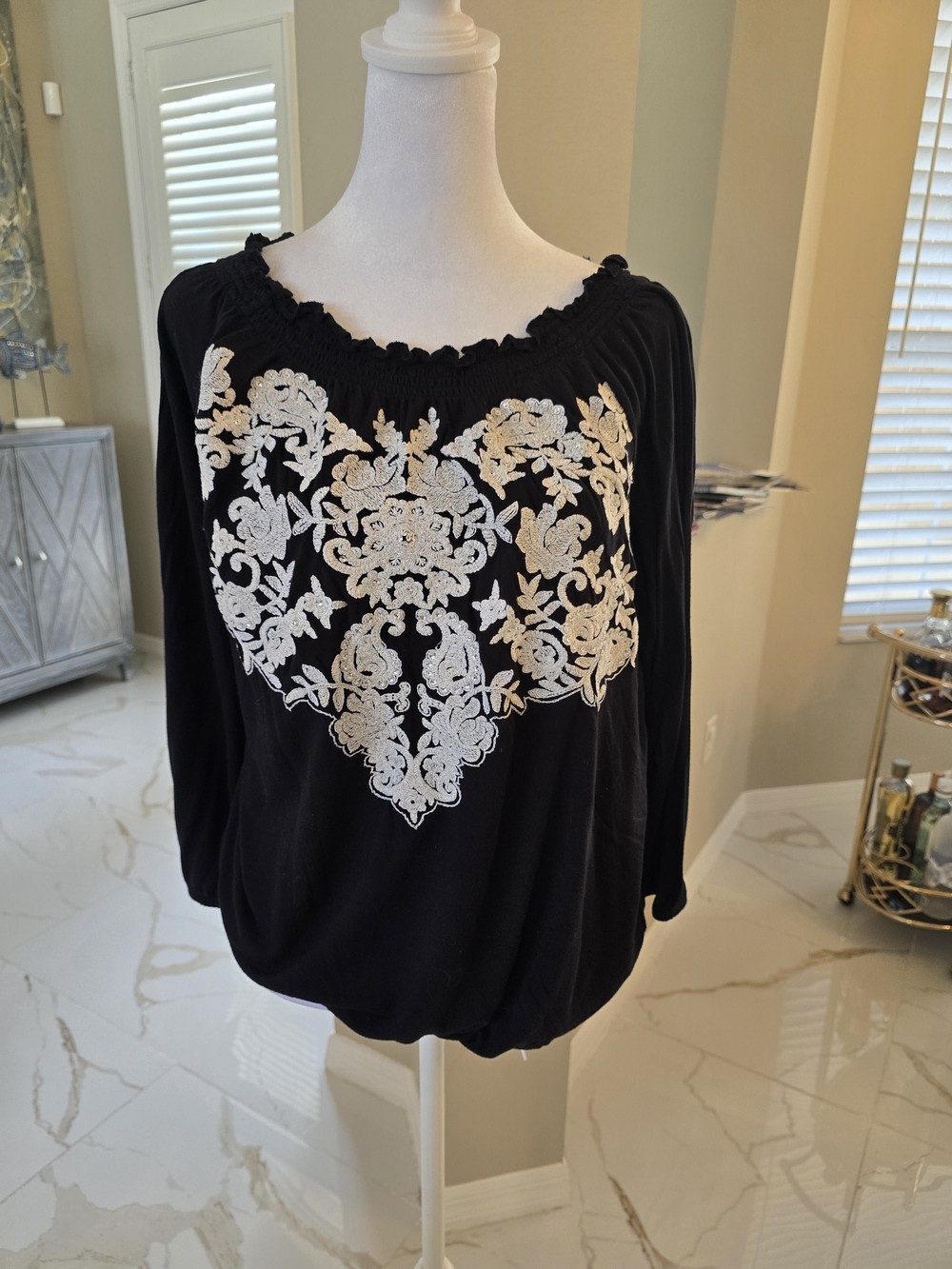 INC International Concepts Black Long-Sleeve Top with Ivory Embroidered Motif